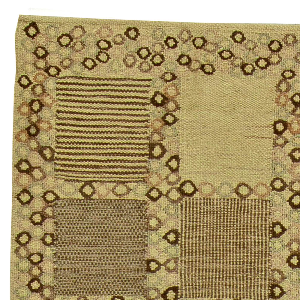 Swedish Design pastel Green, Olive and Brown Hand Knotted Wool Rug N11210