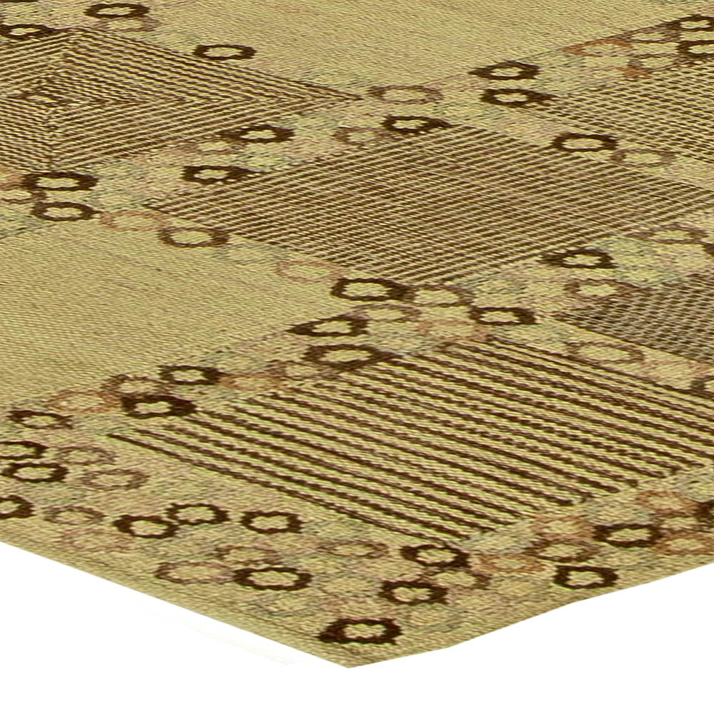 Swedish Design pastel Green, Olive and Brown Hand Knotted Wool Rug N11210
