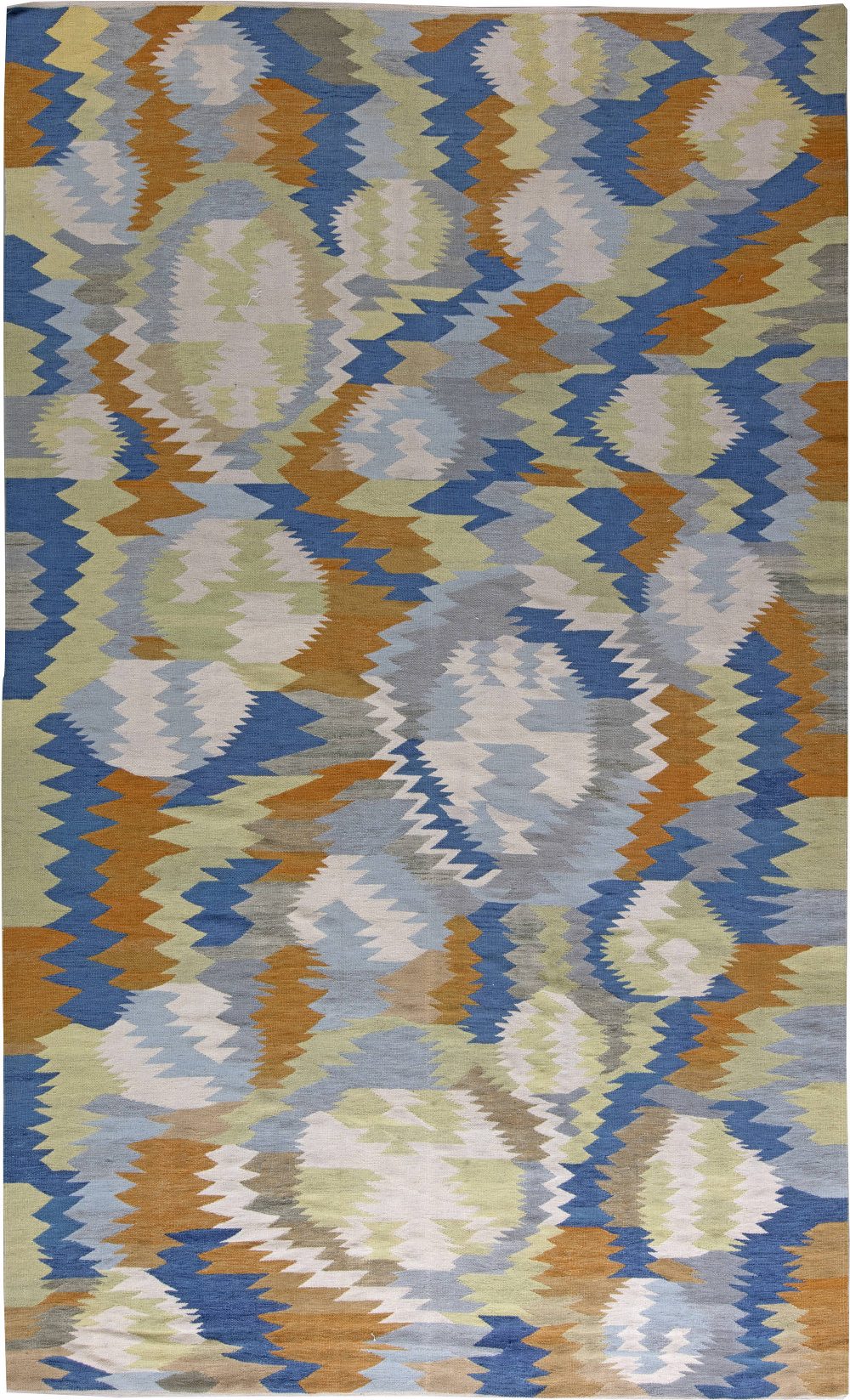 Modern Swedish Cobalt, White and Orange Flat-Weave Wool Rug N11331
