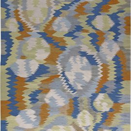 Modern Swedish Cobalt, White and Orange Flat-Weave Wool Rug N11331