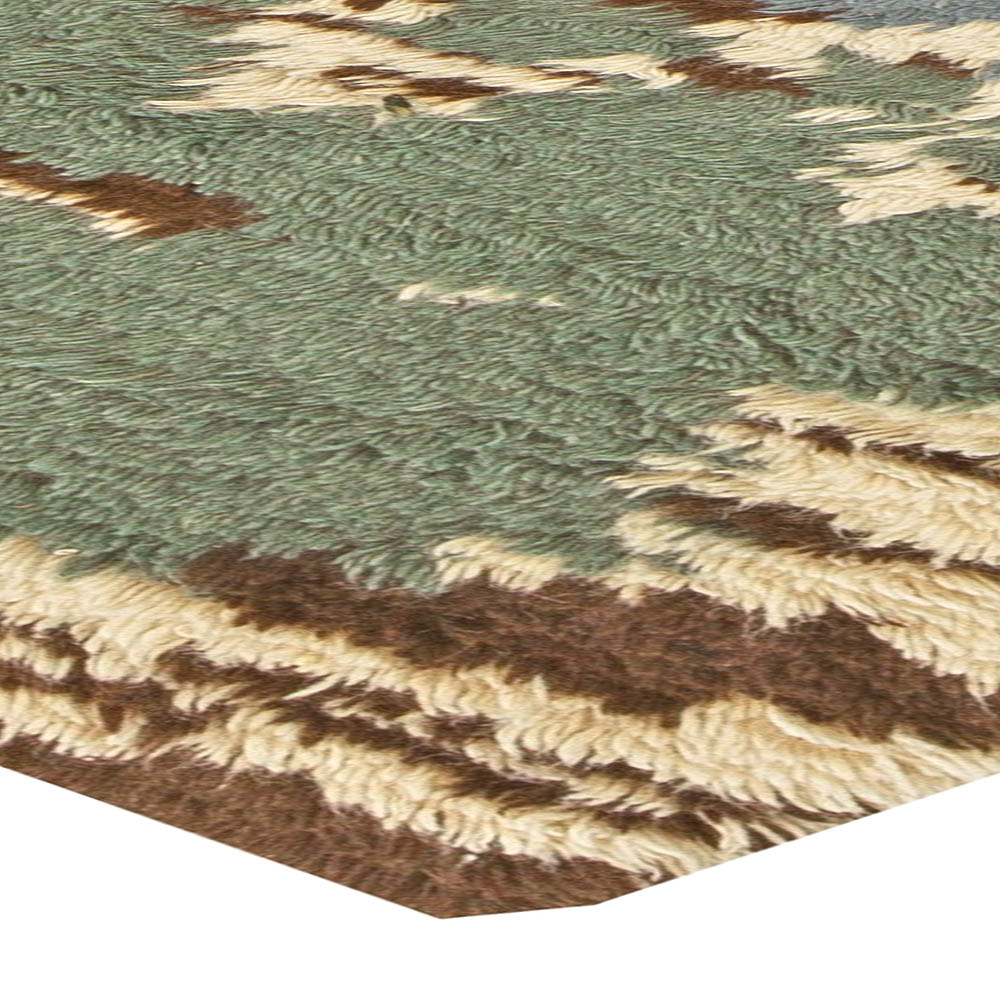 Swedish Blue, Green with Brown and Beige Pile Wool Rug N11227