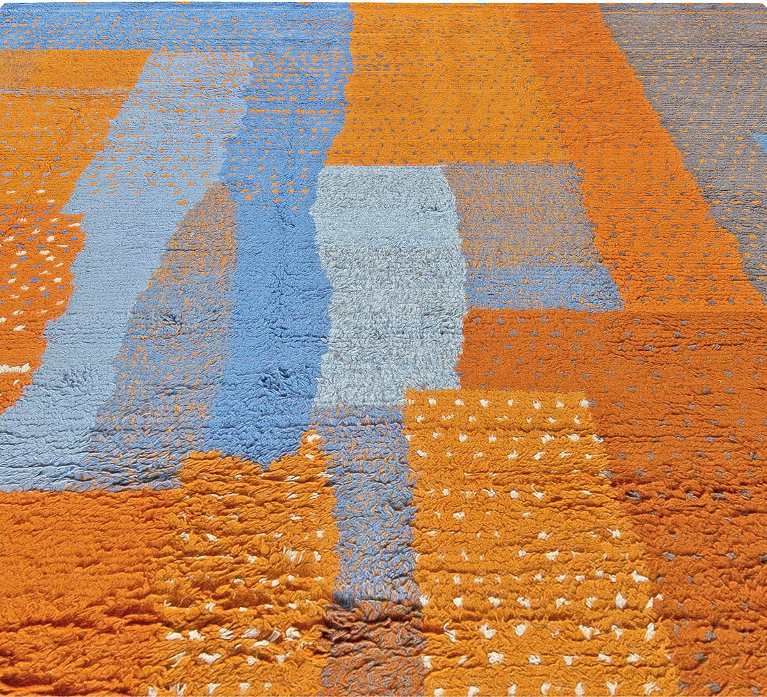 Modern Moroccan Rug in Blue, Orange, Grey and White N10998 by DLB