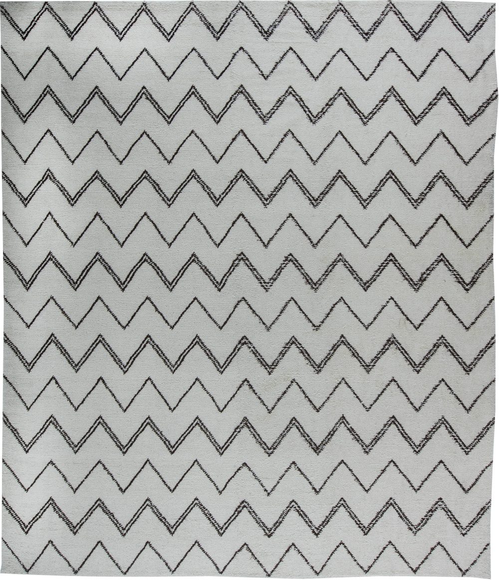 Moroccan Design Off-White and Black Hand Knotted Wool Rug N11536