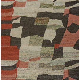 Contemporary Harlem Black, Red and Cream Hand Knotted Silk Rug N10749
