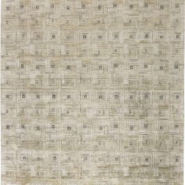 Geometric Contemporary Concentric Squares Cream Beige Hand-Knotted Wool & Silk Rug “Quadrato” N11663