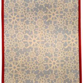 Contemporary Dhurrie Ship’s Wheel Motif Light Gray With Cream Hand-Knotted Wool Carpet “Helm” Designed By Tommy Hilfiger N10651