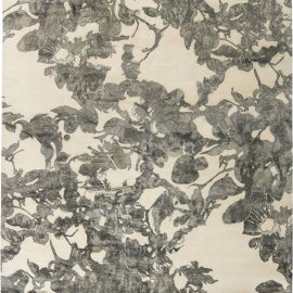 Modern Abstract Floral Pale Sand And Charcoal Hand-Knotted Wool & Silk Oversized Rug “Shadowleaf” Designed By Eskayel N11417