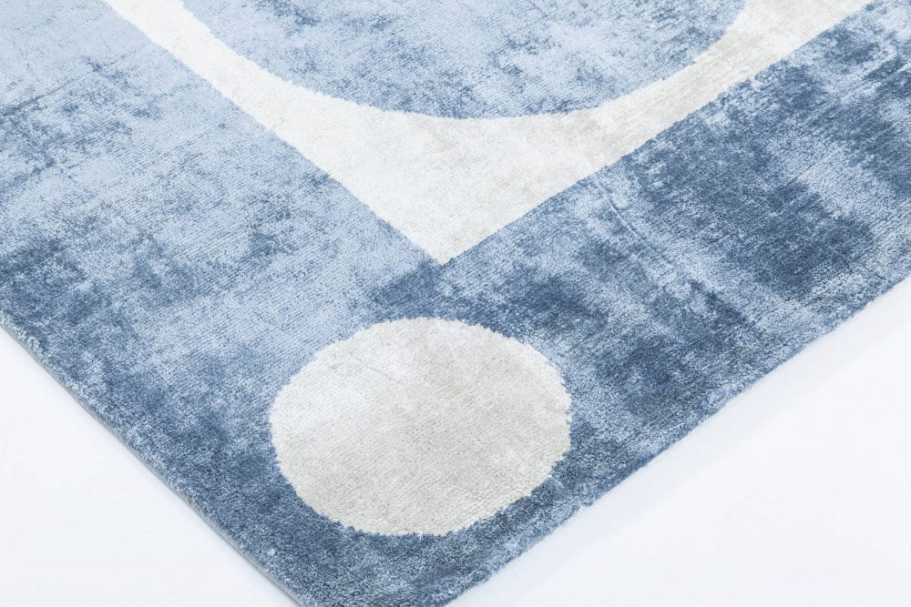 Doris Leslie Blau Collection Geometric Blue and White Handmade Silk Rug N11494