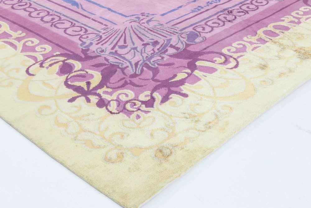Contemporary Tibetan Cream, Gold and Purple Silk Rug N11508