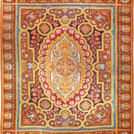 Antique Axminster English Floral Medallion Warm Tan Hand-Knotted Wool Carpet – Circa 1870 BB1316