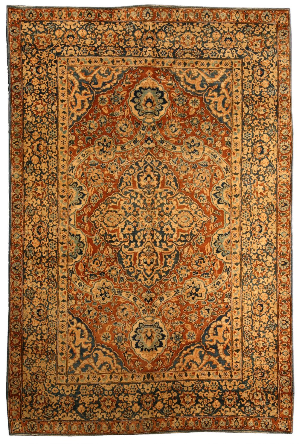 Antique Persian Kirman Brick Red and Blue Handwoven Wool Carpet BB4125