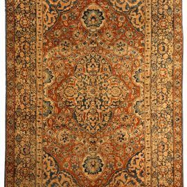 Antique Persian Kirman Brick Red and Blue Handwoven Wool Carpet BB4125