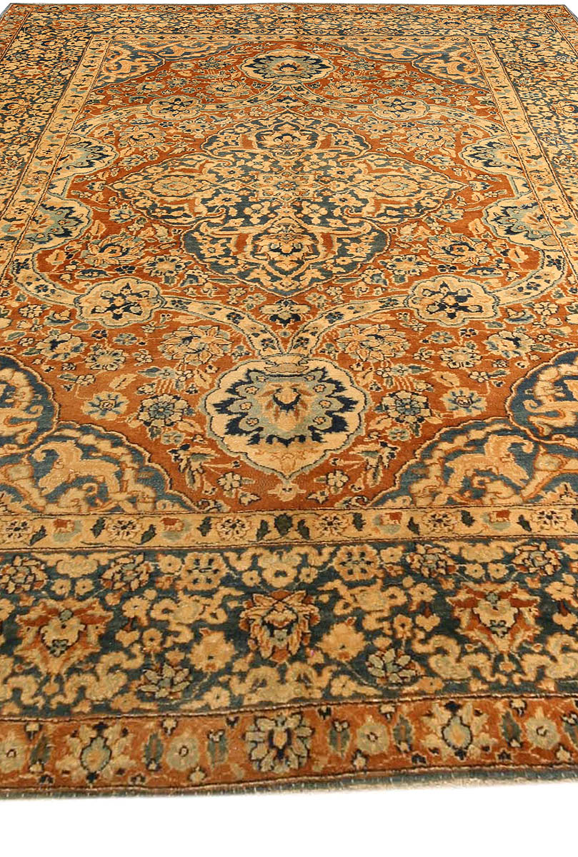 Antique Persian Kirman Brick Red and Blue Handwoven Wool Carpet BB4125