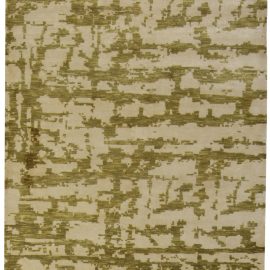Modern Abstract Organic Grid Light Beige With Olive Hand-Knotted Wool & Silk Rug “Lichen” N10629