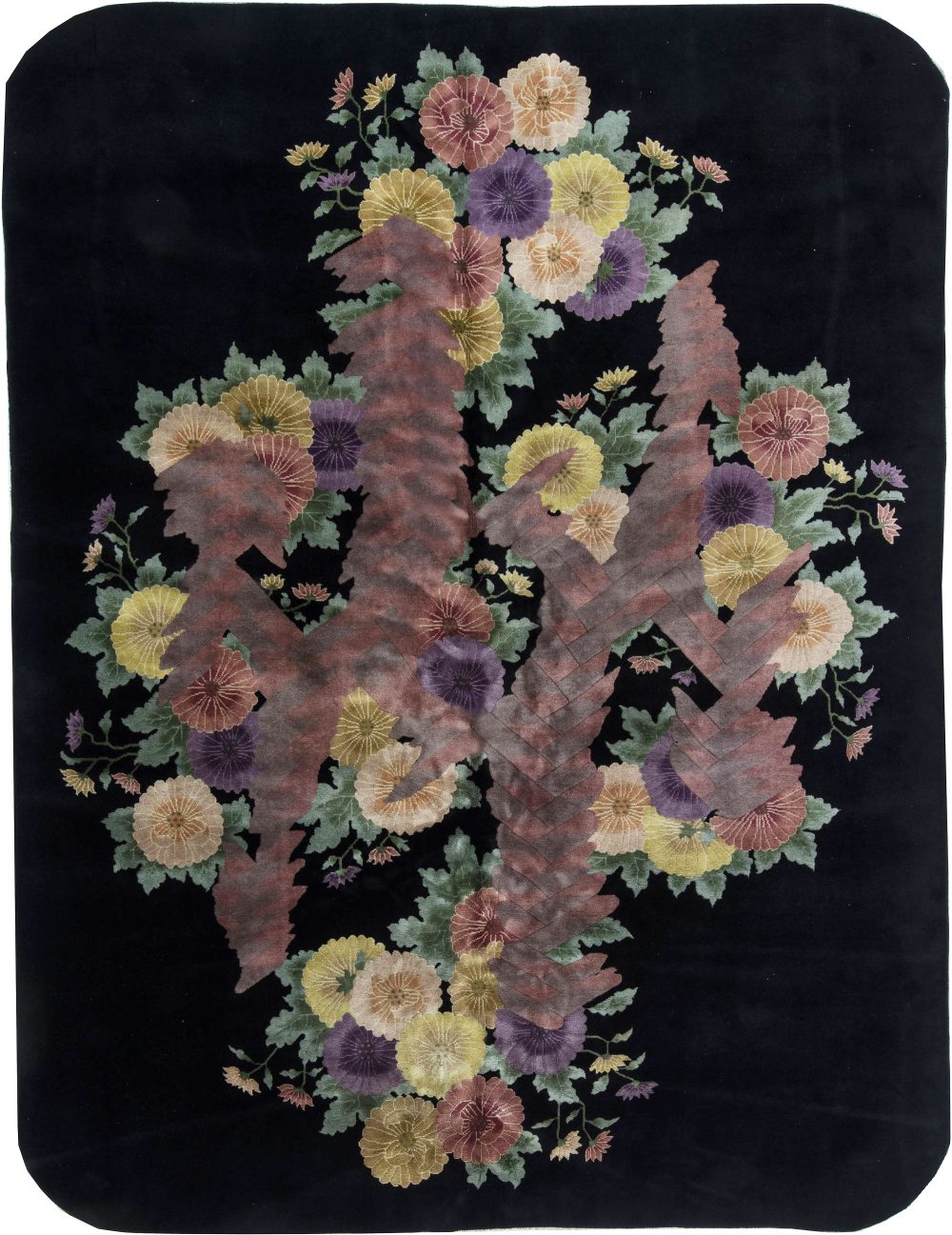Mid-20th century Chinese Art Deco Black and Lilac Handmade Wool Rug BB6359
