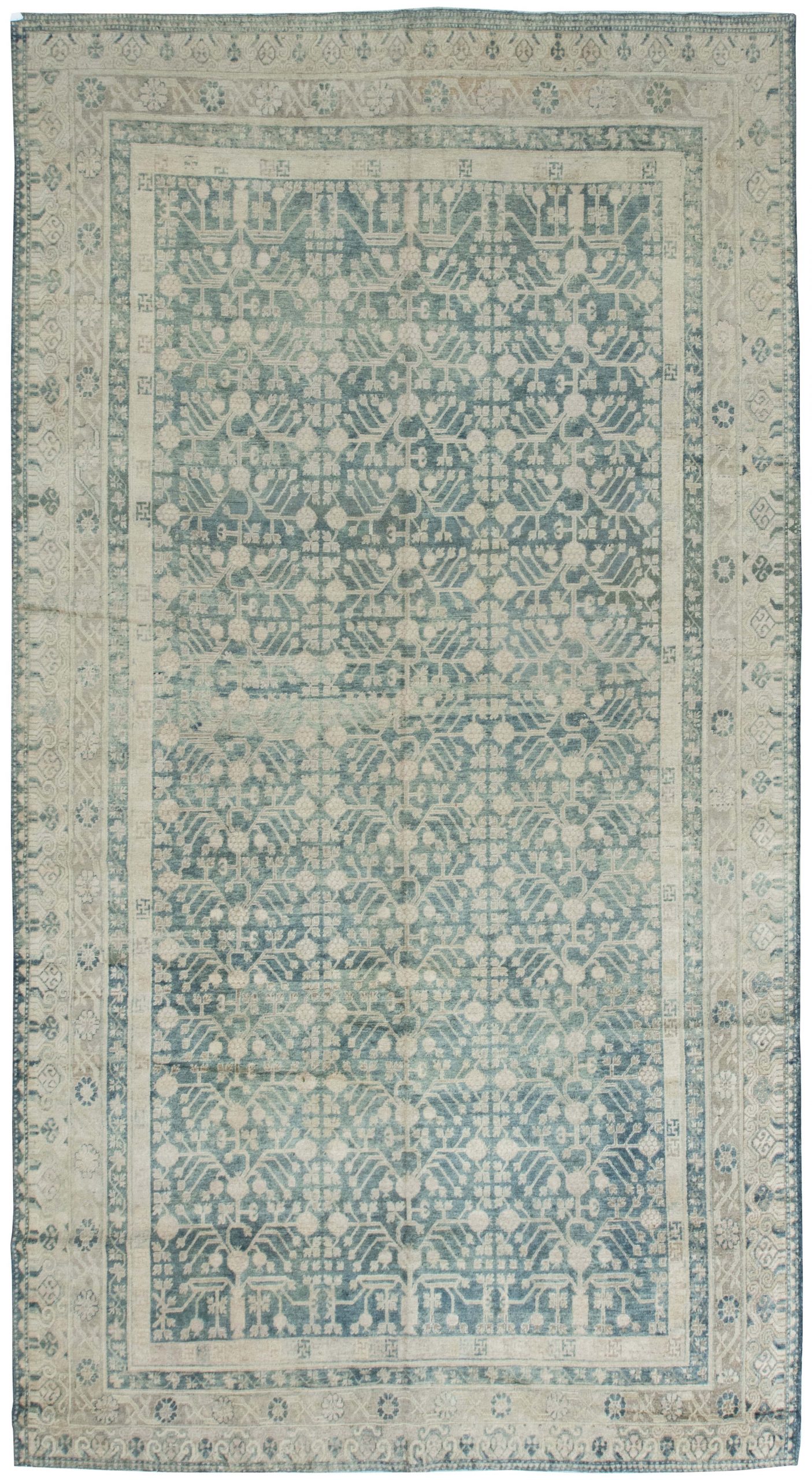 Vintage Samarkand Dark Teal, Ivory Beige Hand Knotted Wool Rug BB6365