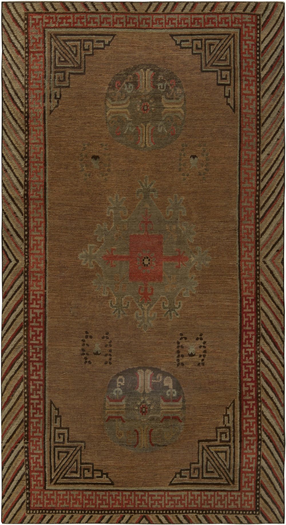 High-quality Vintage Samarkand Brown Red Handmade Wool Rug BB5818