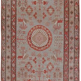 Khotan Vintage Geometric Light Blue Hand-Knotted Wool Rug BB6095