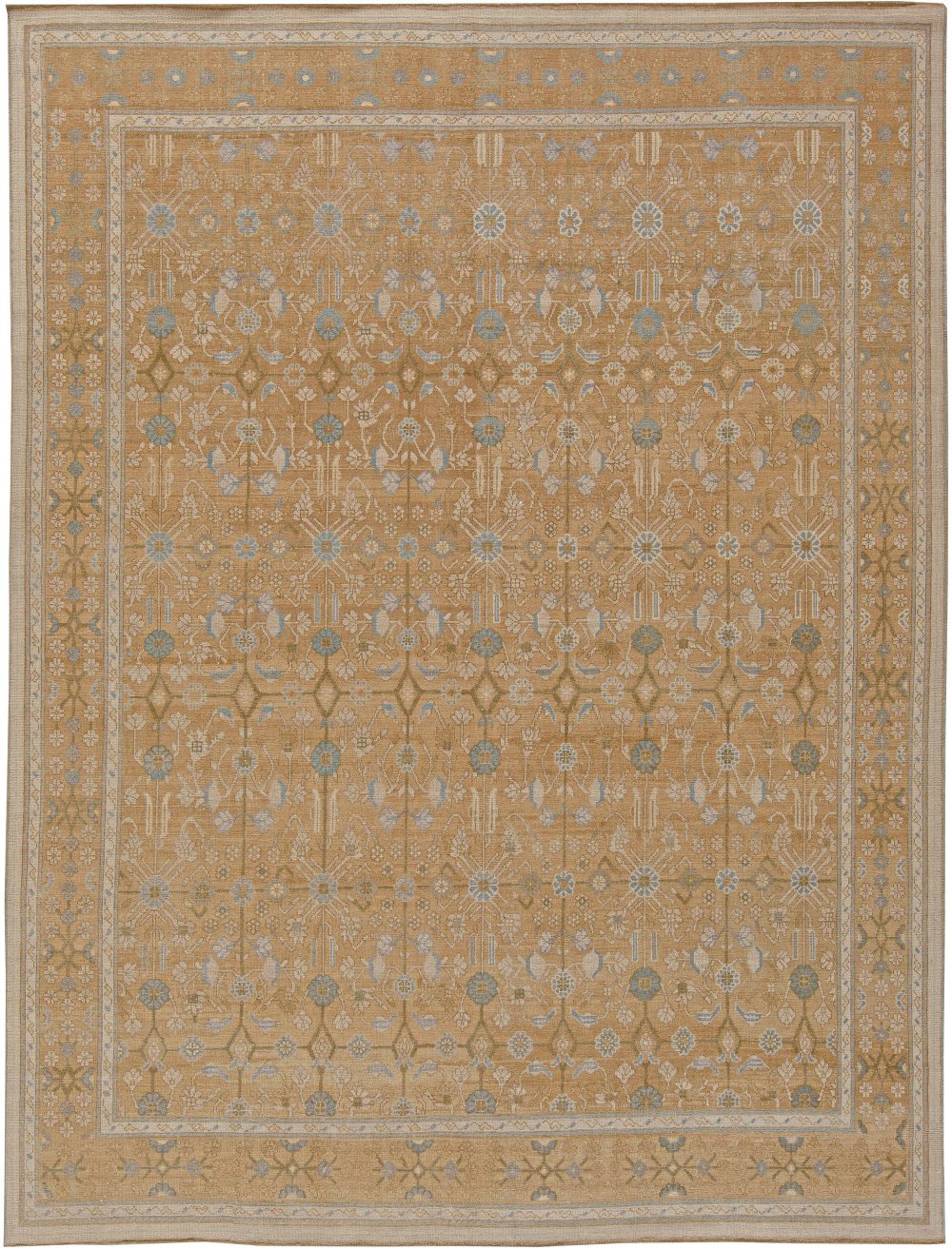 Contemporary Samarkand Brown and Light Blue Hand Knotted Wool Rug N11047
