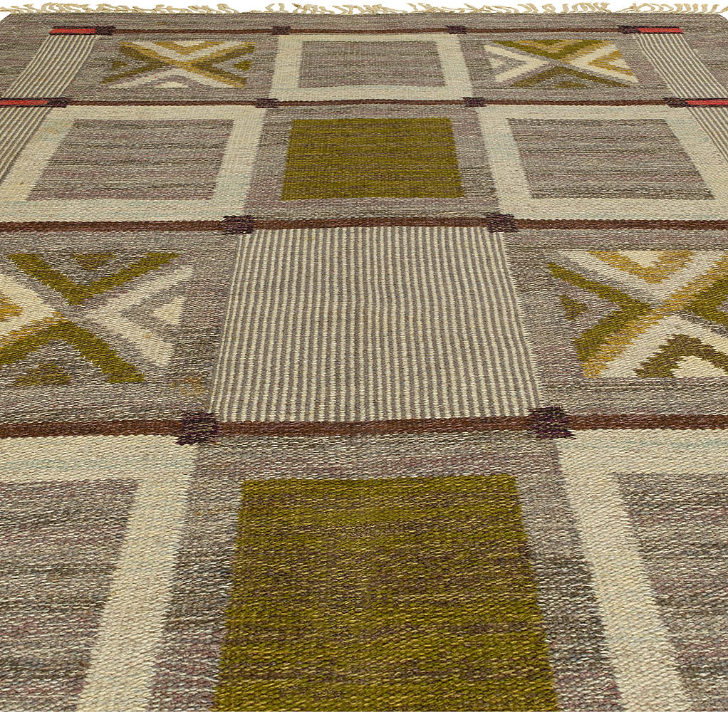 Mid-20th century Swedish Geometric Brown, Gray, Green Flat-Weave Wool Rug BB5695