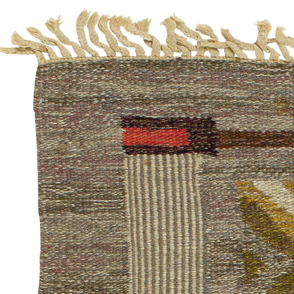 Mid-20th century Swedish Geometric Brown, Gray, Green Flat-Weave Wool Rug BB5695
