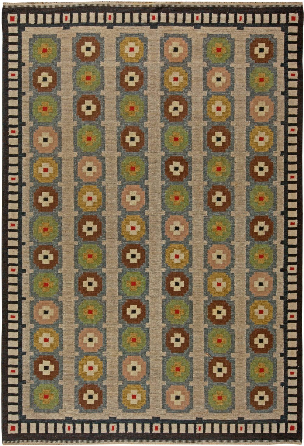 Scandinavian Blue, Beige, Green, Yellow and Red Flat-Woven Wool Rug BB5687