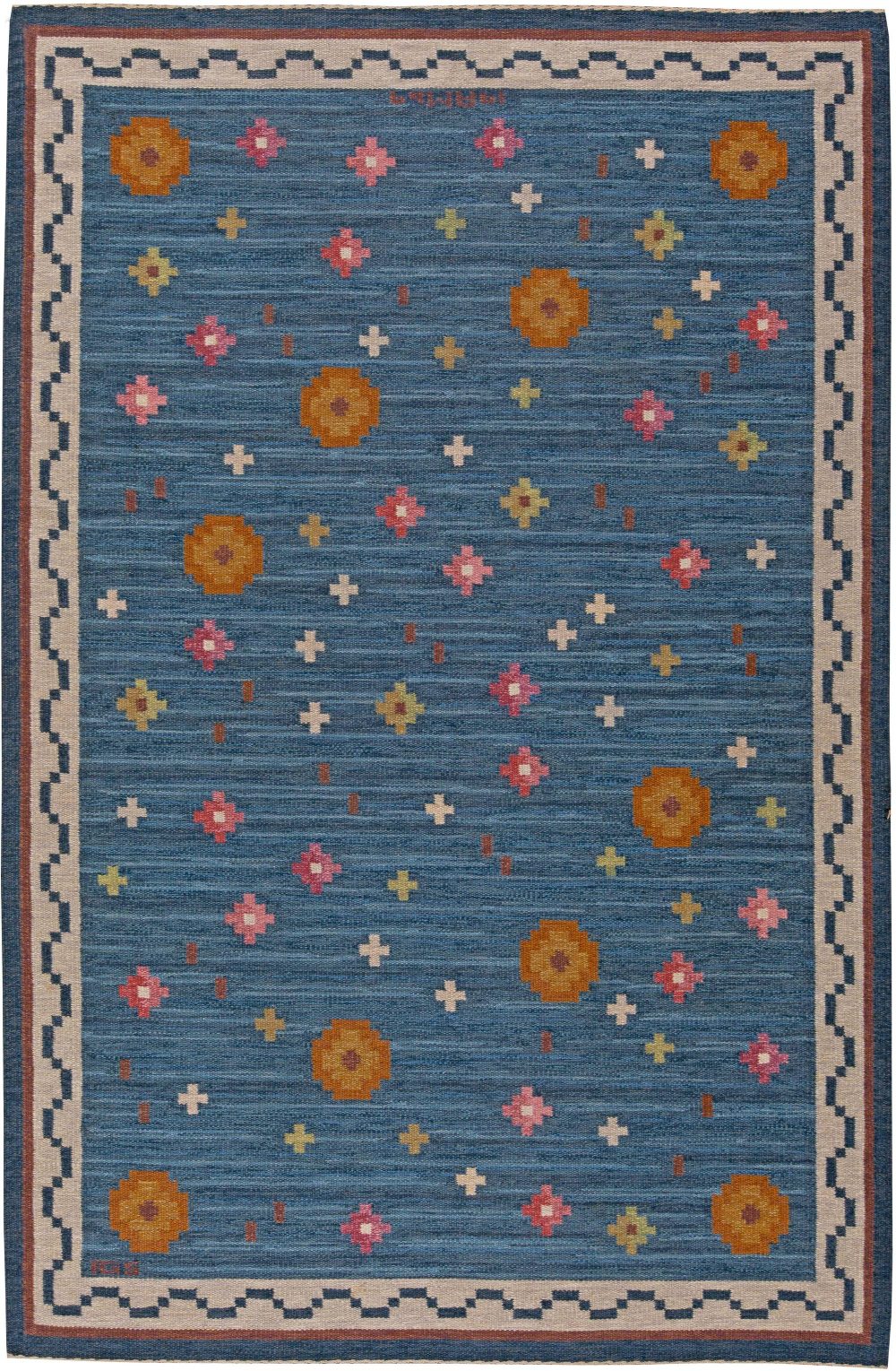 Mid-Century Swedish Flatweave Rug with Blue “Blomsteräng” Design by Anna Greta Sjöqvist BB5682