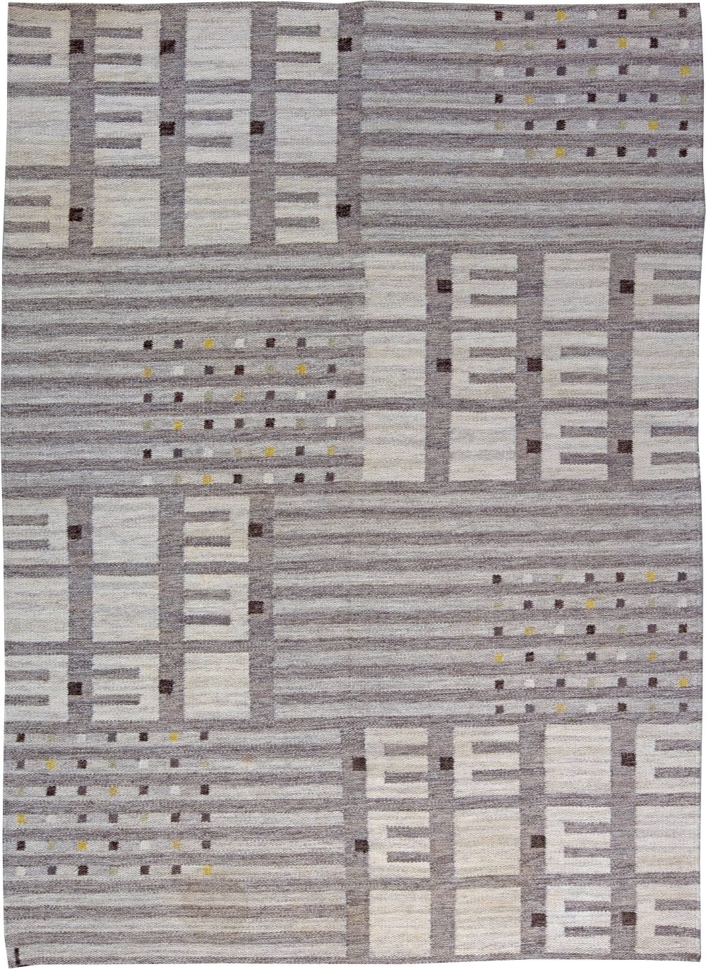 Mid-Century Swedish Wool Rug with Stripes and Geometric Shapes in Shades of Grey BB6190