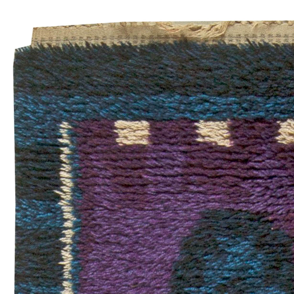 High-quality Vintage Rya Blue and Purple Handmade Wool Rug BB5680