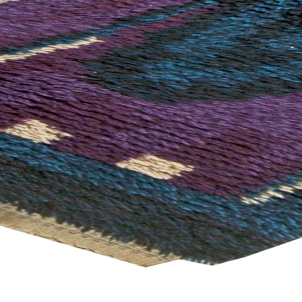 High-quality Vintage Rya Blue and Purple Handmade Wool Rug BB5680