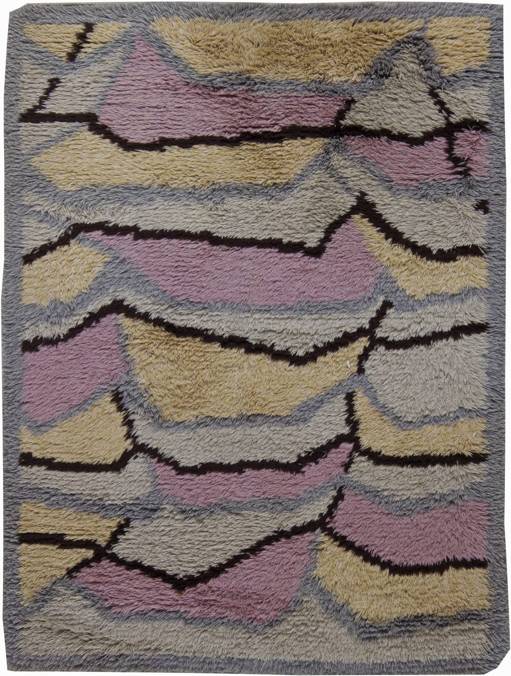 Midcentury Swedish Rya Abstract Rug in Pink, Caramel, Gray, and Black BB6229
