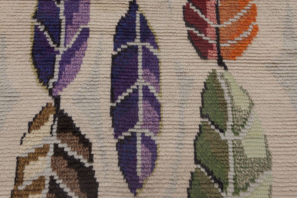 Mid-Century Modern Scandinavian Rug with Colorful Leaves on a Cream Background BB6444