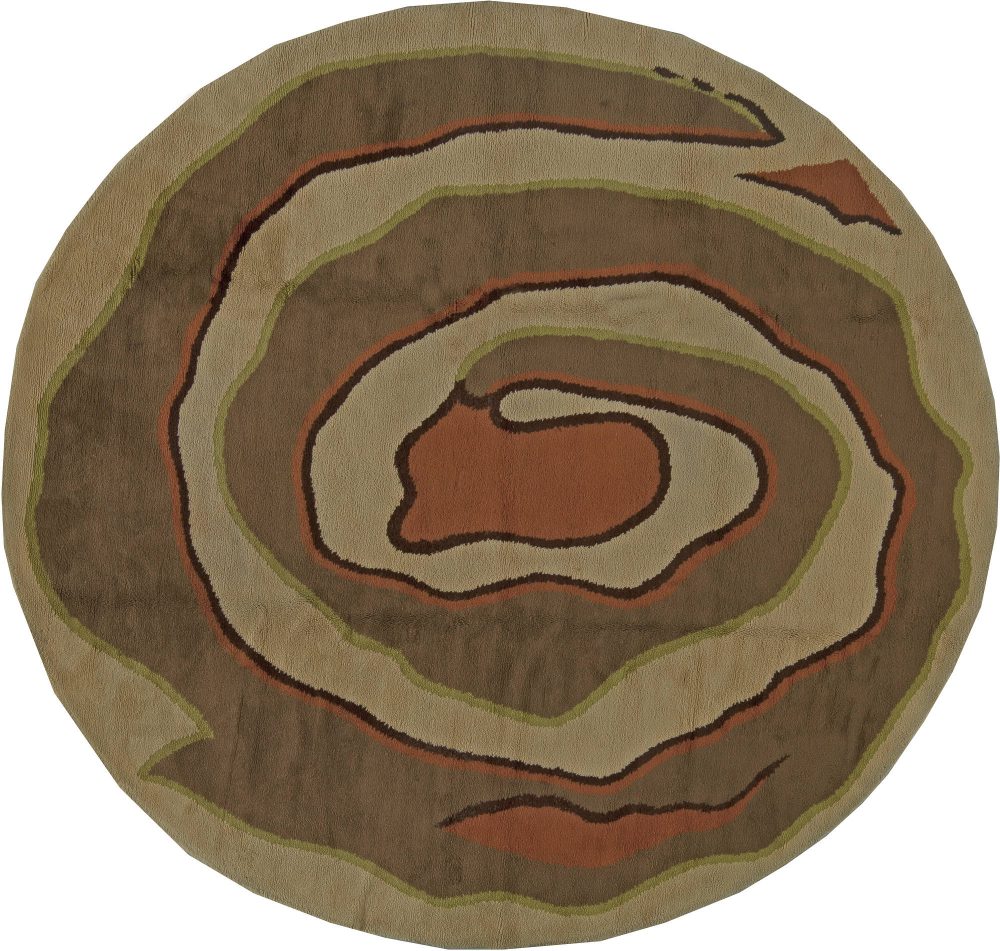 Mid-20th Century Modernist Art Deco Circular Brown, Orange, Green Wool Rug BB5969