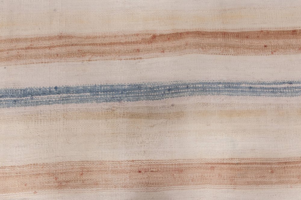 Mid-20th Century Blue, Brown and Beige Striped Indian Dhurrie Cotton Rug BB6535