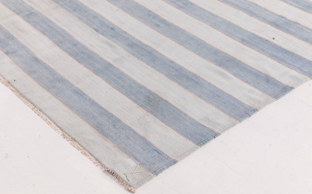 Mid-20th Century Blue Striped Indian Dhurrie Handmade Cotton Rug BB6536