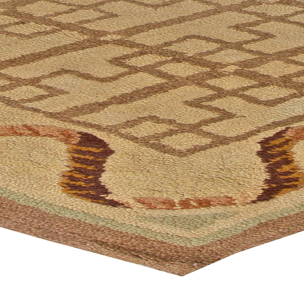 High-quality Vintage Hooked Geometric Camel and Brown Wool Rug BB3453