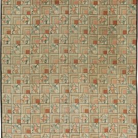 Vintage American Hooked Floral Soft Beige Hand-Knotted Wool Carpet BB2039