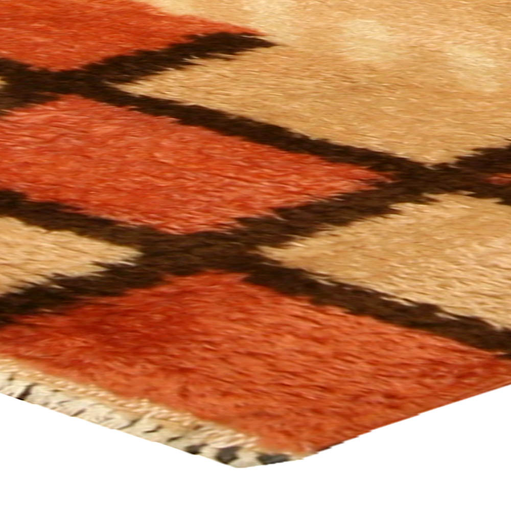 Early 20th Century French Art Deco Orange, Beige and Brown Handmade Wool Rug BB4762