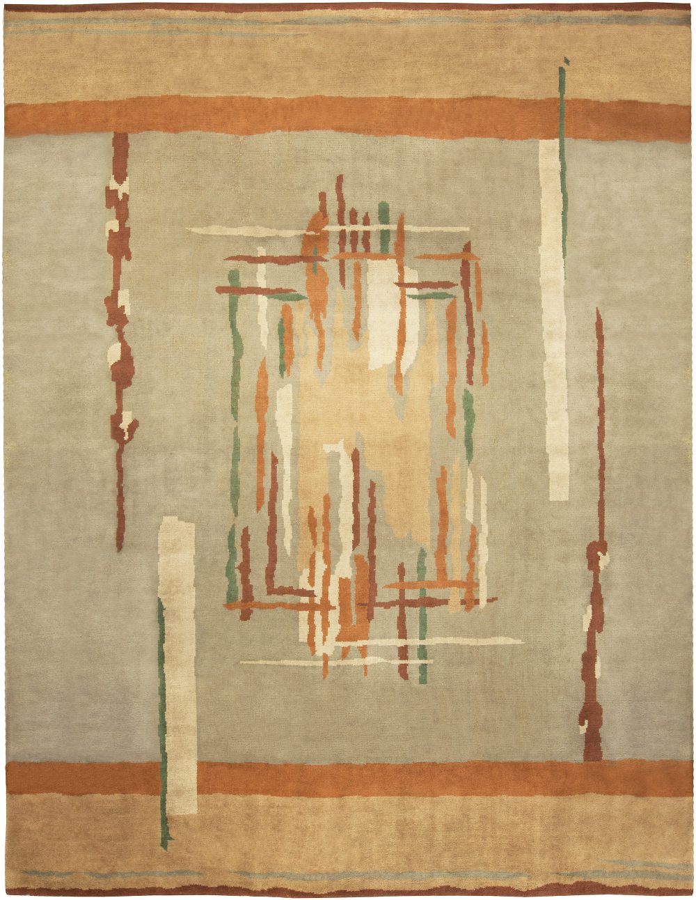 French Art Deco Dark Green, Rust, Orange, Peach and Cream Wool Rug BB5055