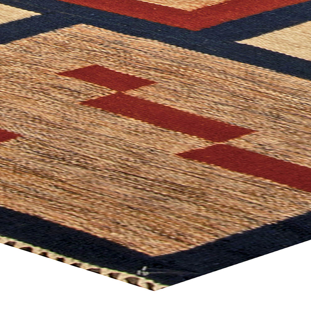 Midcentury Swedish Geometric Beige, Blue, Brown and Red Flat-Woven Wool Rug BB4798