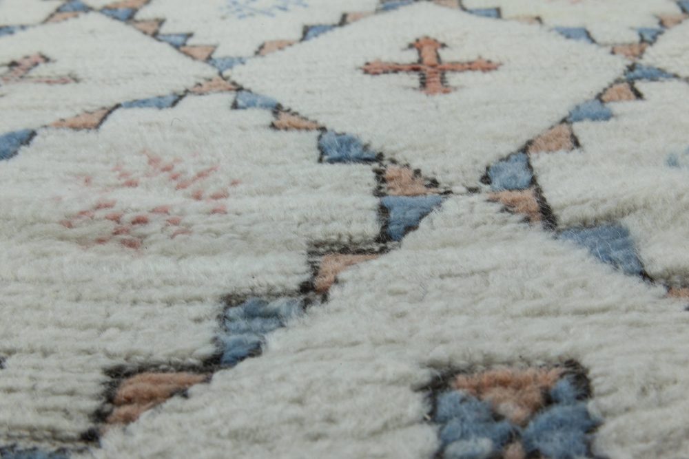 Midcentury Moroccan White, Blue and Orange Hand Knotted Wool Rug BB6346