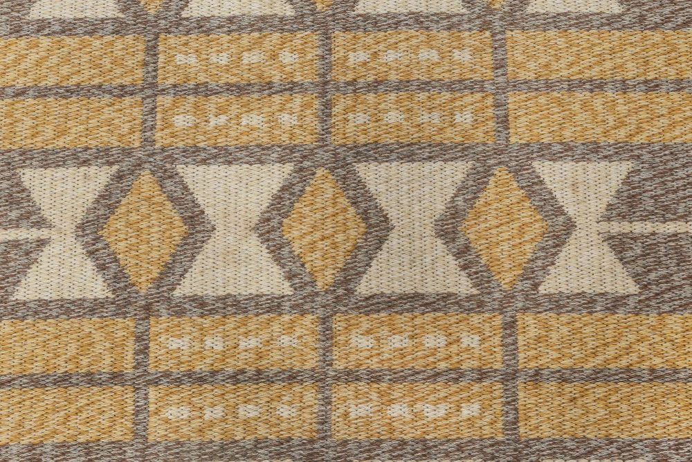 Mid-20th Century Double Sided Geometric Swedish Gray, Yellow Flat-Weave Wool Rug BB6566