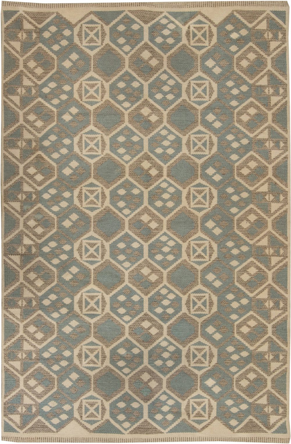 Midcentury Scandinavian Wool Rug with Honeycomb Design in Blue-Grey and Brown BB6403