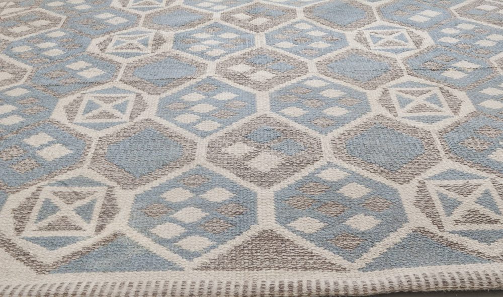 Midcentury Scandinavian Wool Rug with Honeycomb Design in Blue-Grey and Brown BB6403