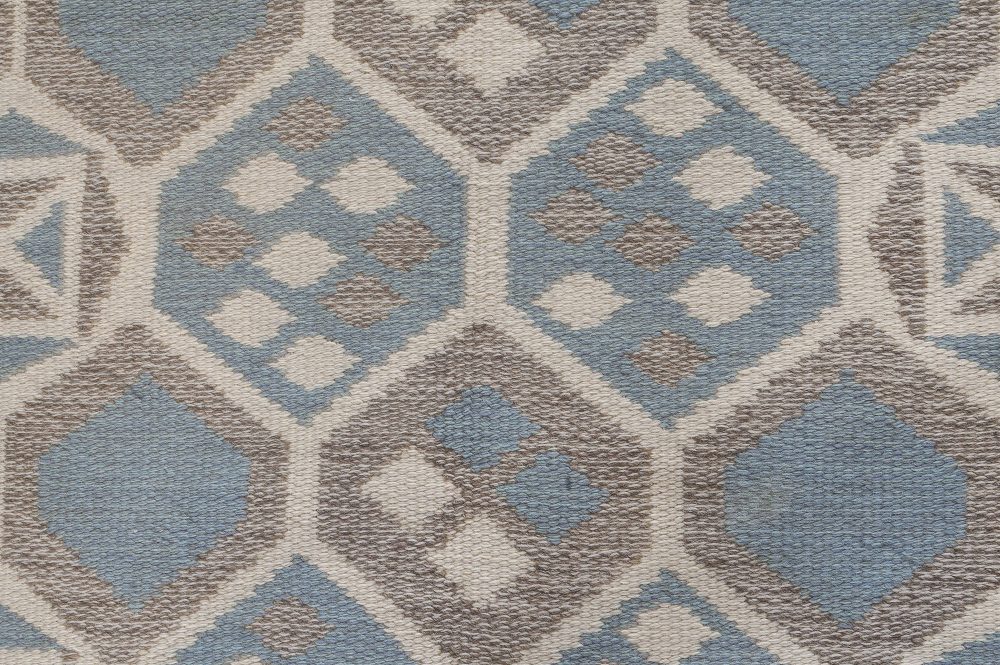 Midcentury Scandinavian Wool Rug with Honeycomb Design in Blue-Grey and Brown BB6403