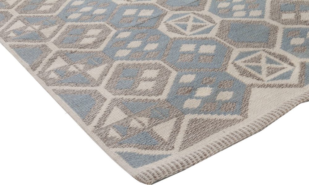 Midcentury Scandinavian Wool Rug with Honeycomb Design in Blue-Grey and Brown BB6403