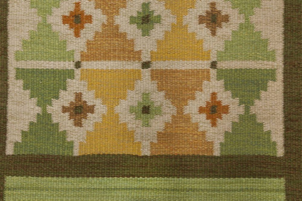 Mid-20th Century Geomatric Green, Yellow Swedish Flat-Weave Rug BB6572