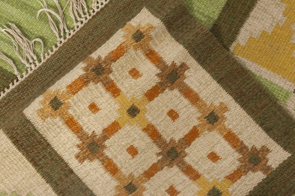 Mid-20th Century Geomatric Green, Yellow Swedish Flat-Weave Rug BB6572