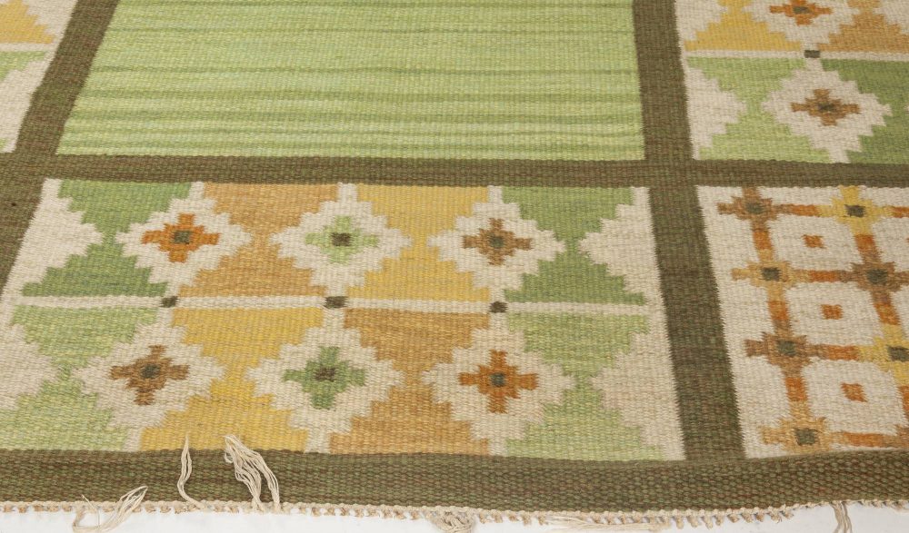 Mid-20th Century Geomatric Green, Yellow Swedish Flat-Weave Rug BB6572