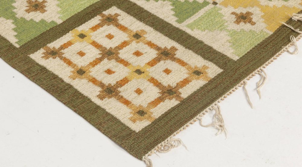 Mid-20th Century Geomatric Green, Yellow Swedish Flat-Weave Rug BB6572